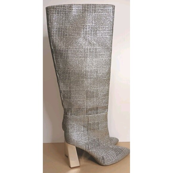 Gianni Bini Sz 6.5 Black White Metallic Houndstooth Tall Boots Mirror Heels EUC - Picture 3 of 16
